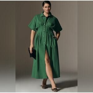Anthropologie Exquise Tobie Button-Front Pleated Shirtdress Green Dress